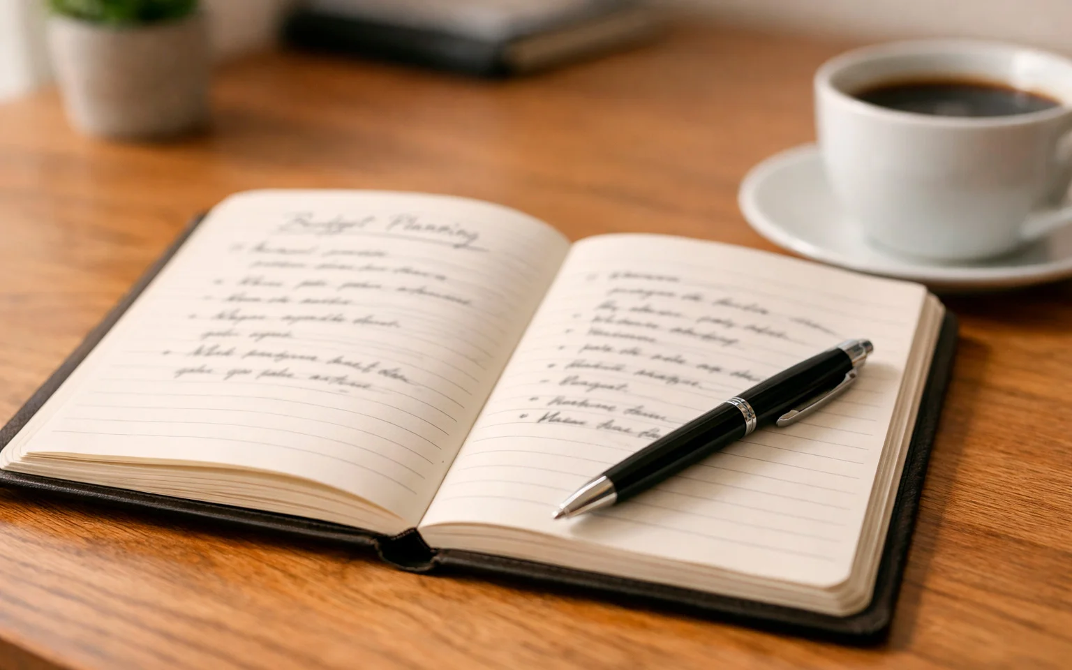 Notizbuch mit Stift und Taschenrechner zur Budgetplanung