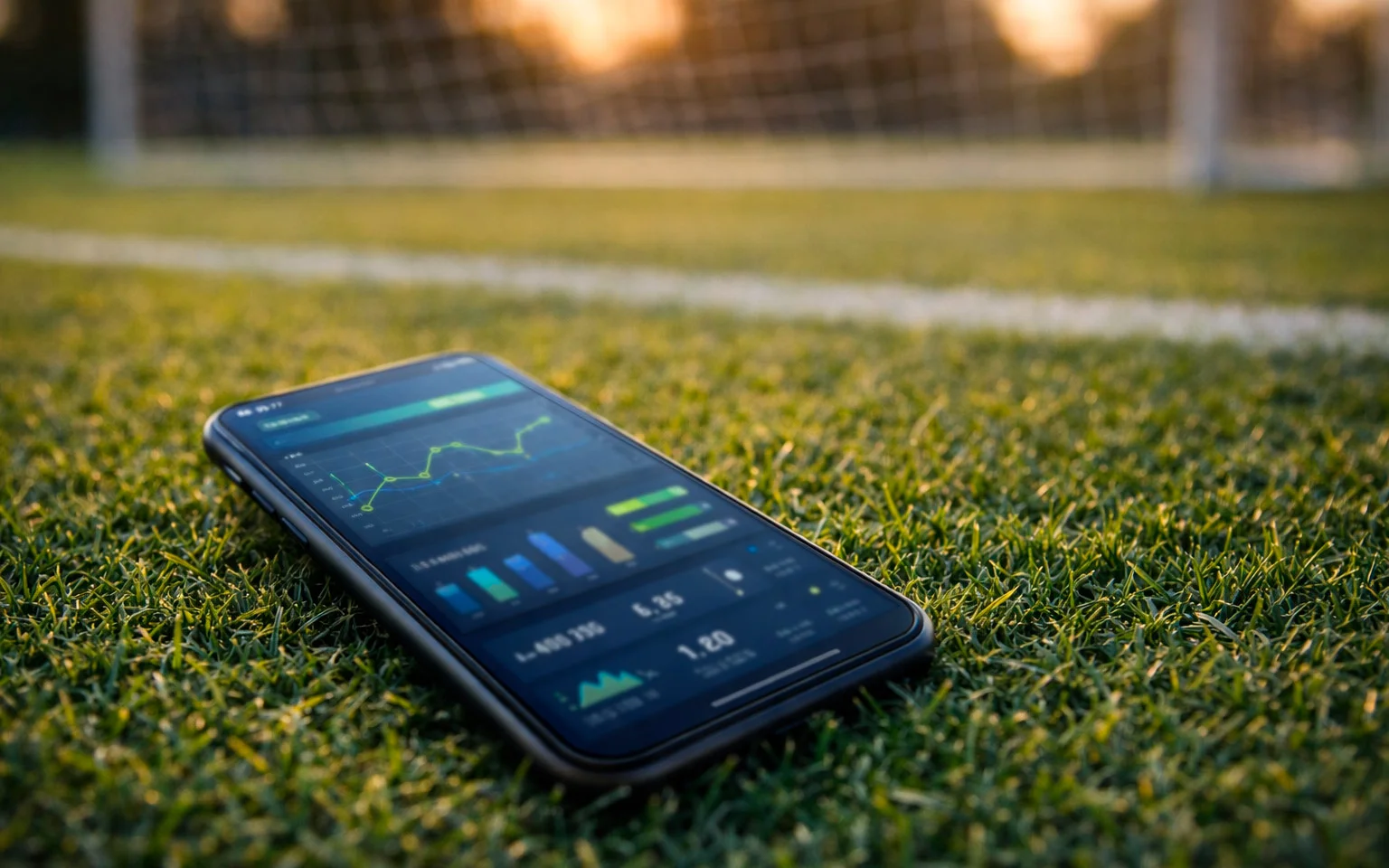 Smartphone mit Sportwetten-App auf dem Rasen