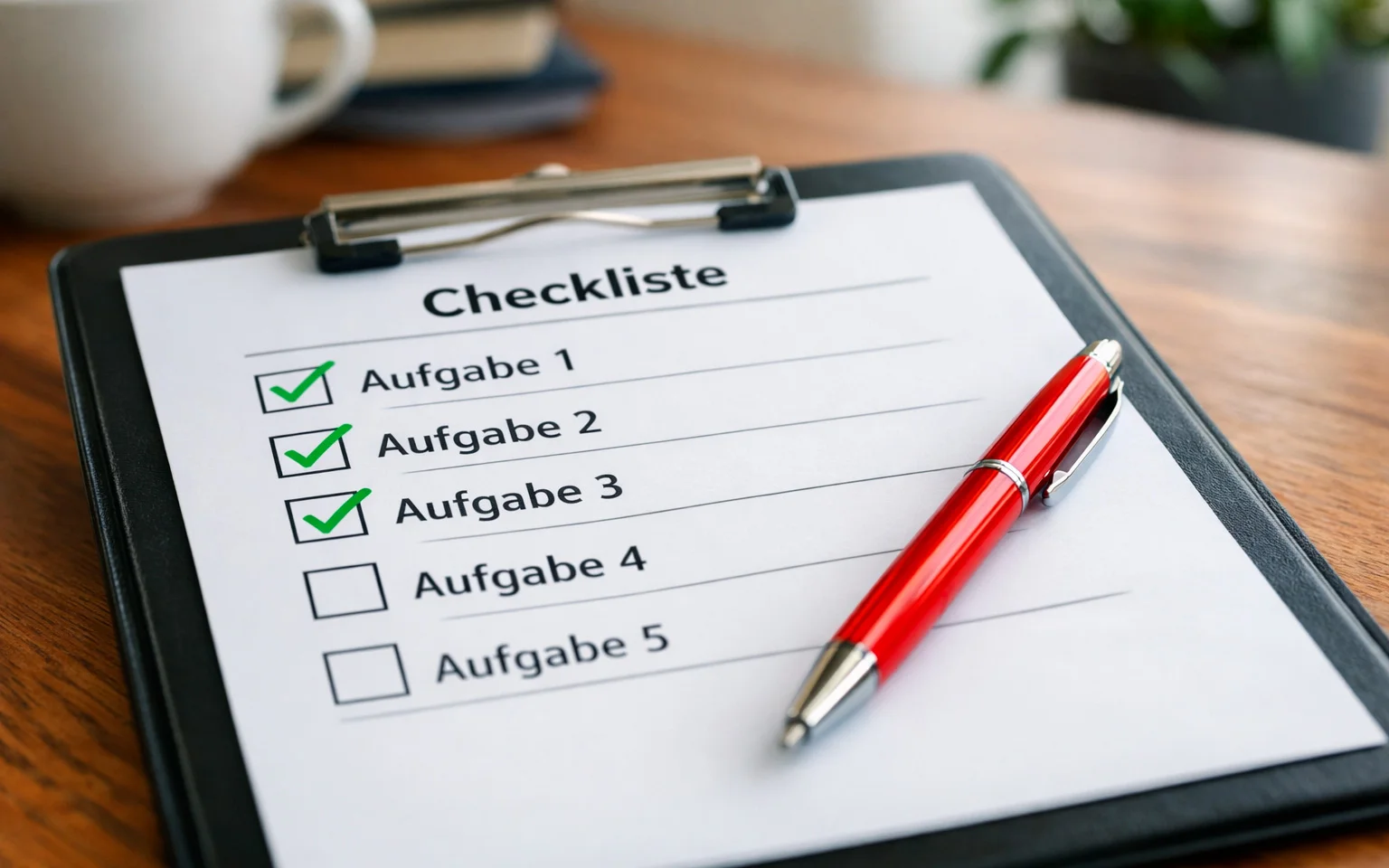 Checkliste mit abgehakten Punkten auf Klemmbrett