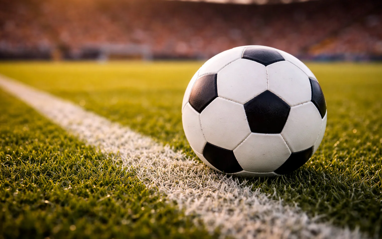 Nahaufnahme von Fußball auf Bundesliga-Rasenmarkierung