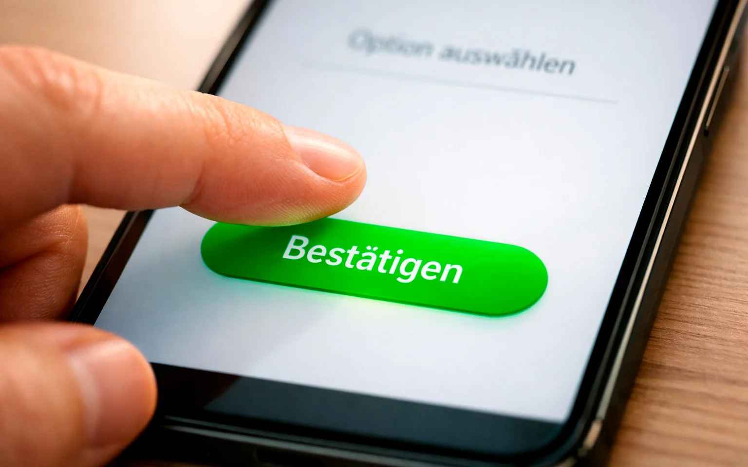 Finger tippt auf grünen Bestätigungs-Button am Smartphone