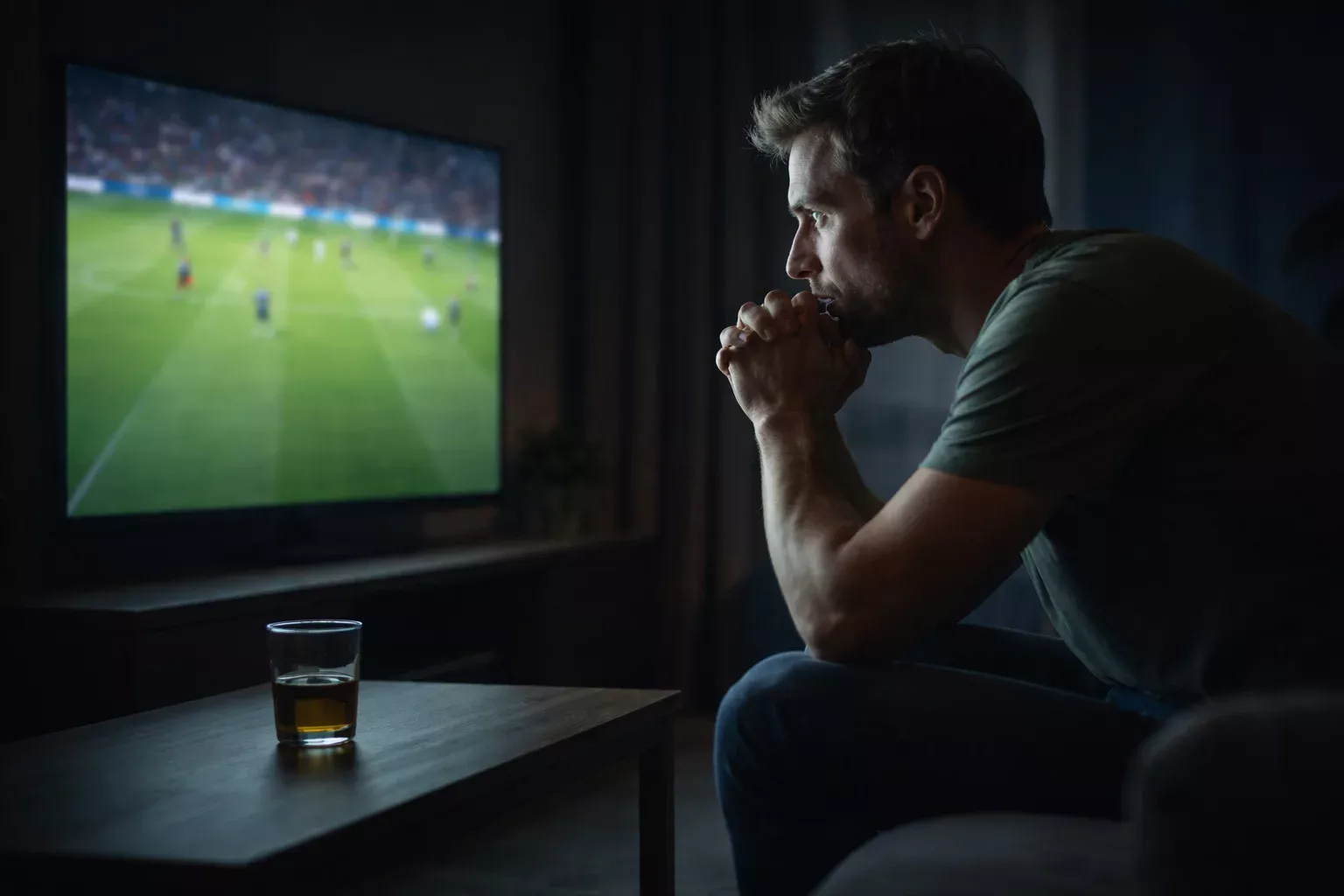 Angespannter Fußballfan verfolgt ein Spiel auf dem Bildschirm – symbolisch für die Cash-Out-Entscheidung
