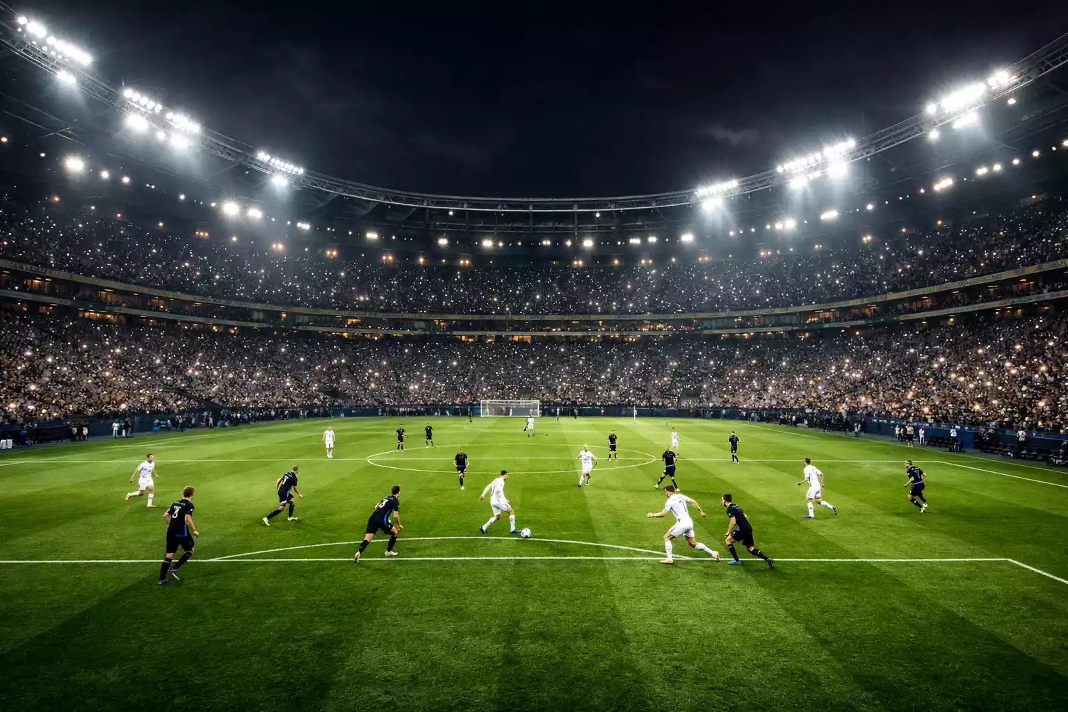 Nächtliches Flutlicht-Fußballspiel in einem großen Stadion – Champions-League-Atmosphäre