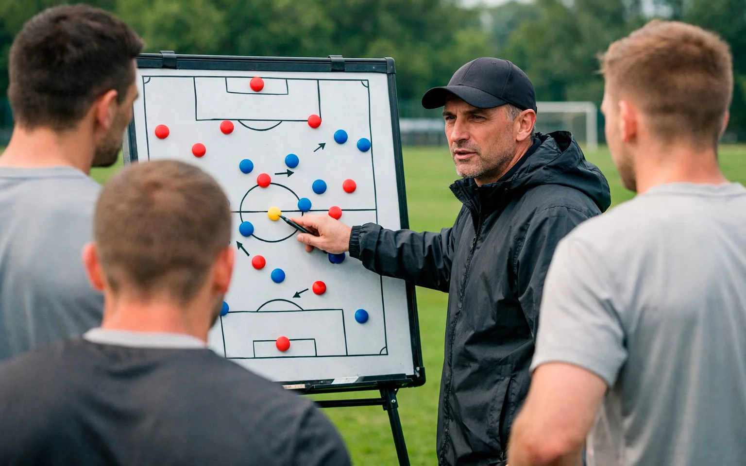 Trainer gibt Anweisungen an Spieler während Taktikbesprechung
