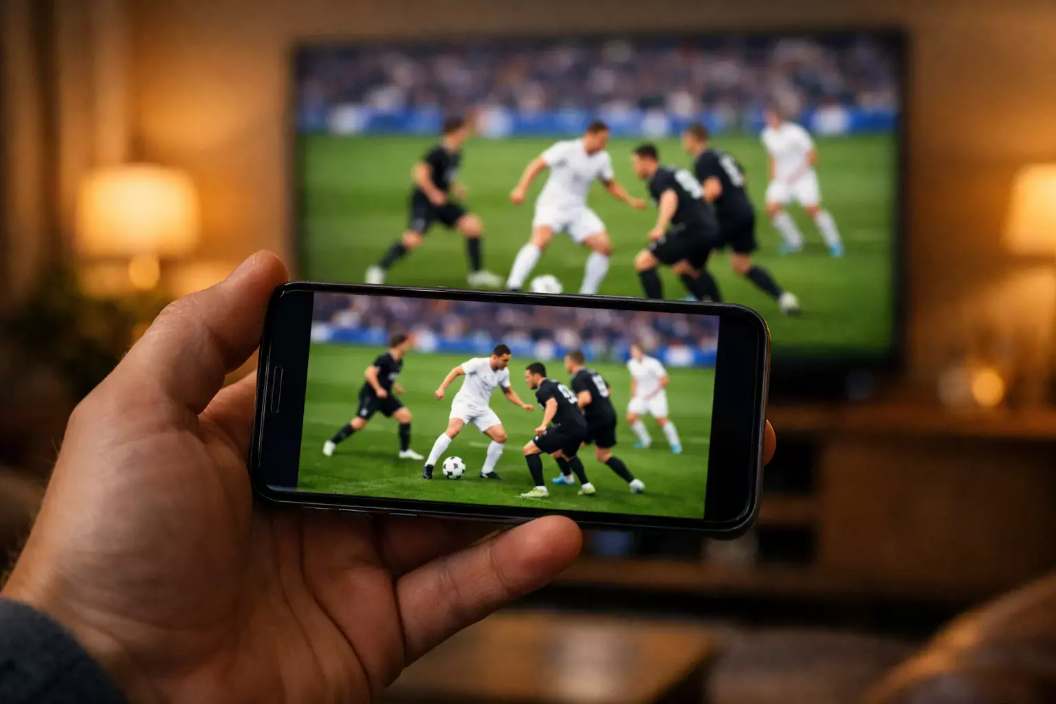 Smartphone zeigt ein laufendes Fußballspiel – symbolisch für Live-Wetten in Echtzeit