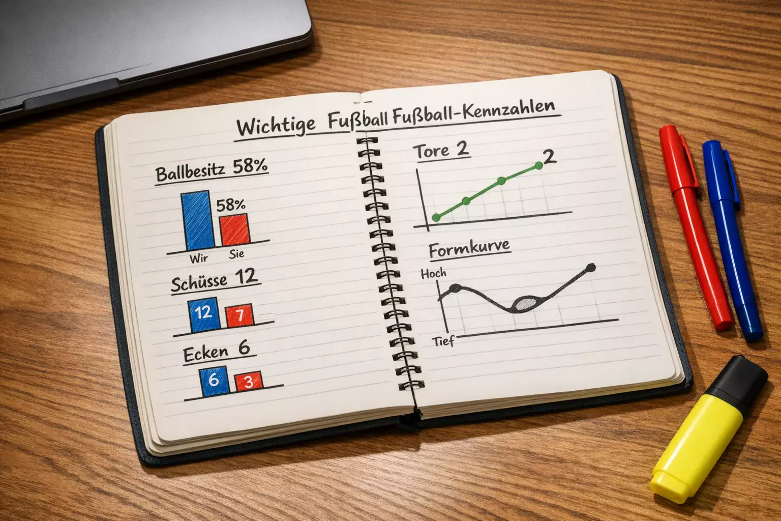 Aufgeschlagenes Notizbuch mit handgezeichneten einfachen Diagrammen – symbolisch für Fußballstatistiken