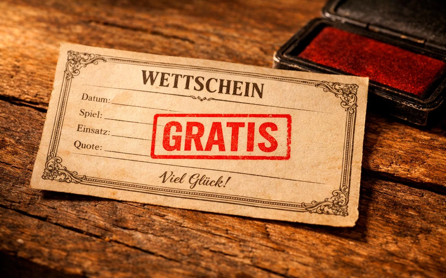 Wettschein mit Stempel Gratis auf Holztisch