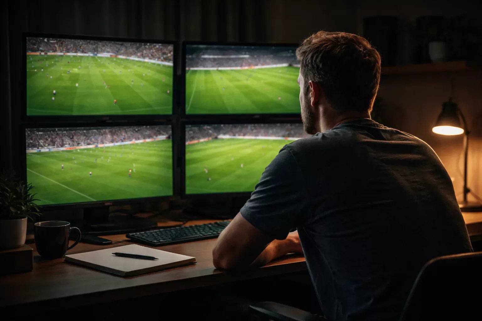 Mehrere Fußballspiele gleichzeitig auf Bildschirmen – symbolisch für Kombiwetten