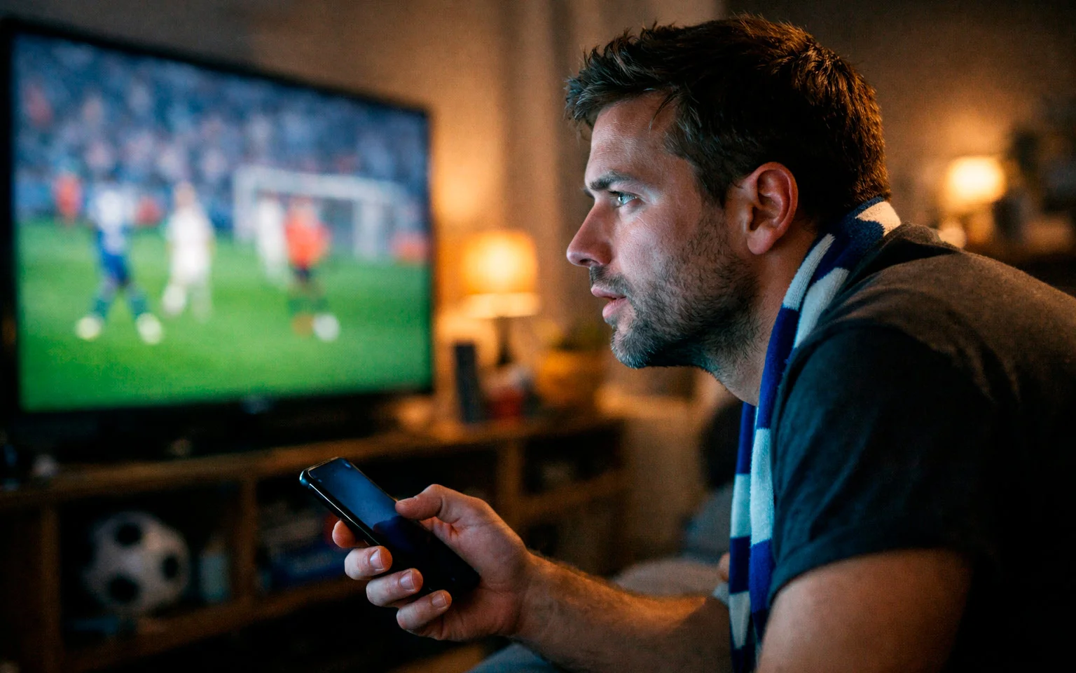 Fan schaut Fußballspiel und hält Smartphone in der Hand