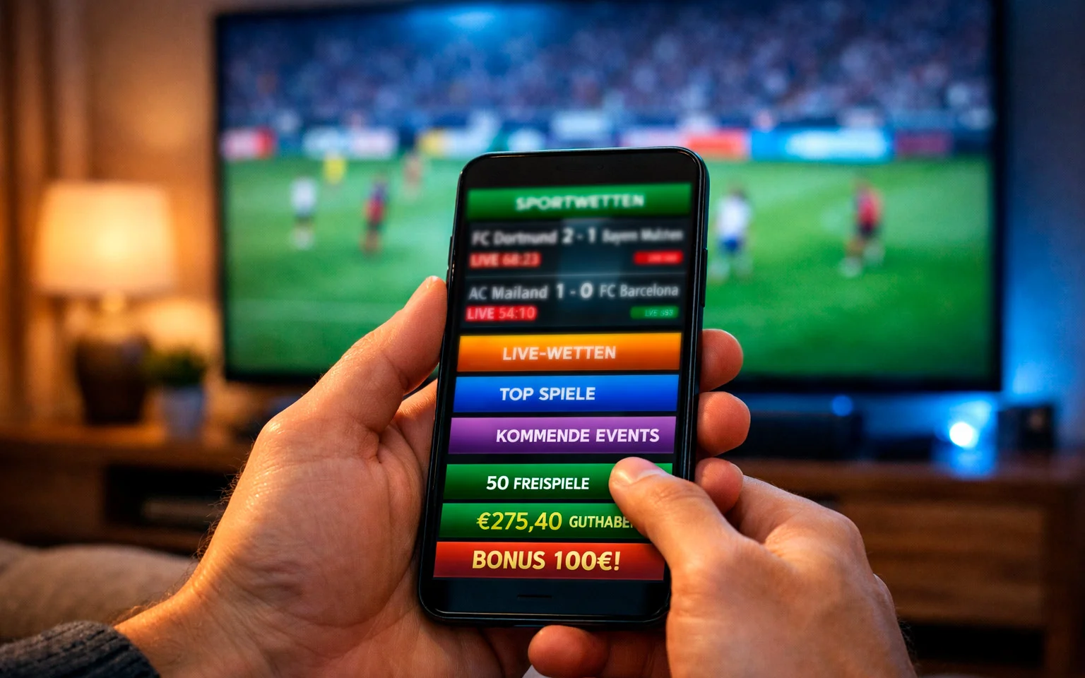 Person hält Smartphone vor Fernseher mit Fußballspiel