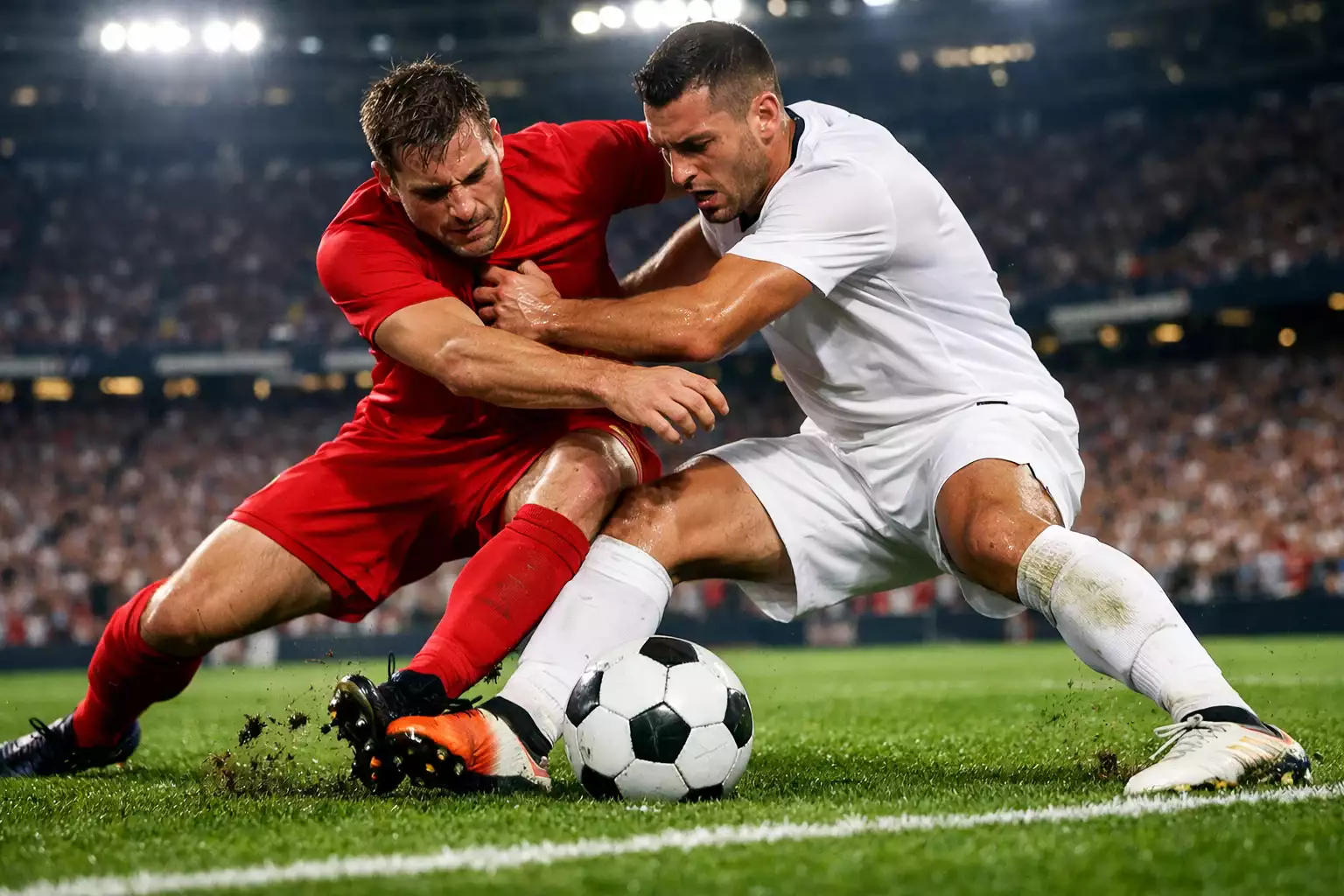 Zwei Fußballspieler im Zweikampf auf grünem Rasen – symbolisch für internationale Top-Ligen
