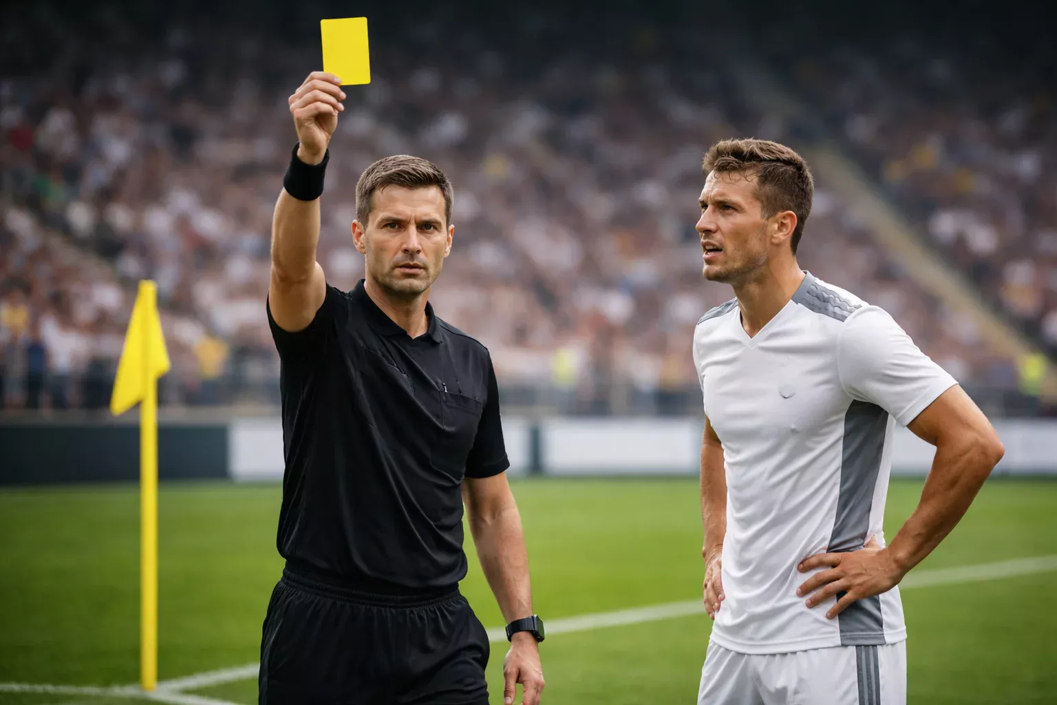 Schiedsrichter zeigt eine gelbe Karte auf dem Fußballfeld – symbolisch für Spezialwetten