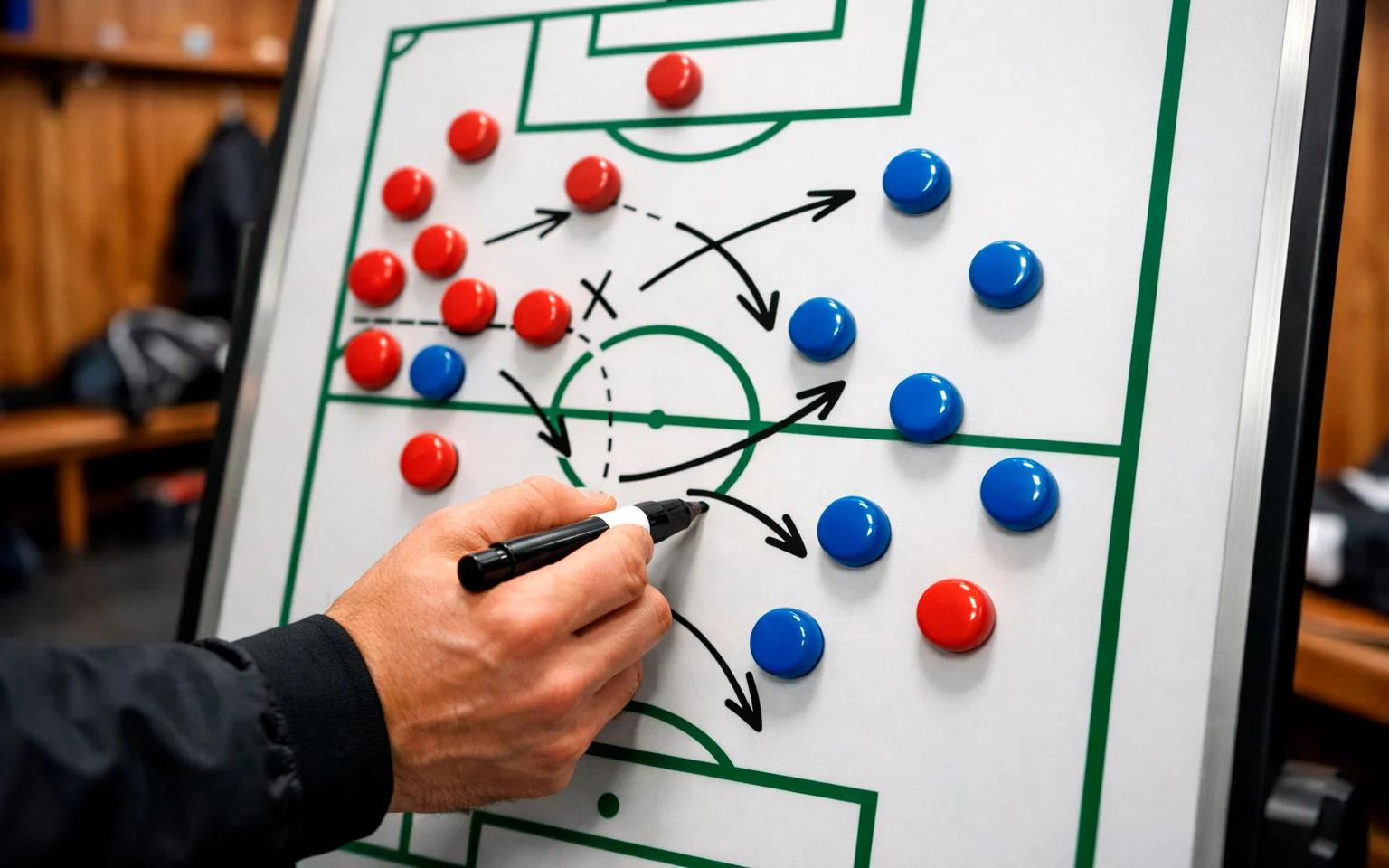 Taktiktafel mit Fußball-Spielzügen und Magneten