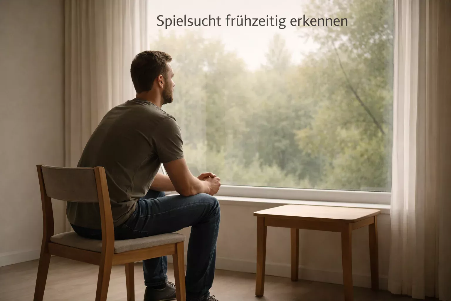 Nachdenkliche Person sitzt allein am Fenster – symbolisch für die Reflexion über Spielsucht