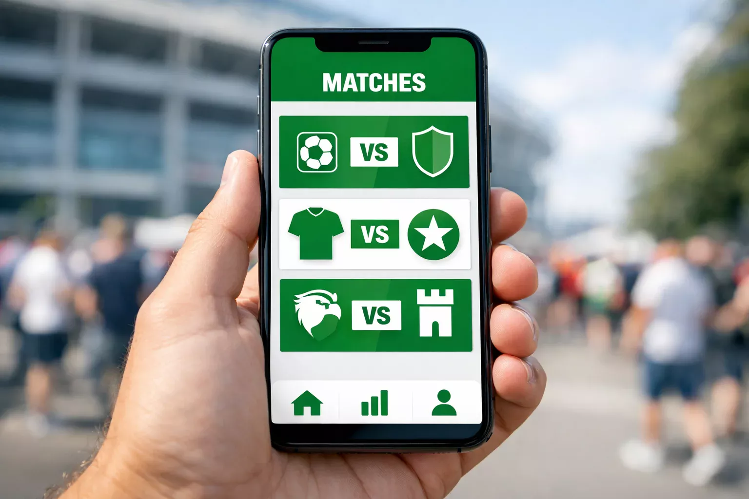 Hand hält ein Smartphone vor einem Fußballstadion – symbolisch für mobile Sportwetten-Apps