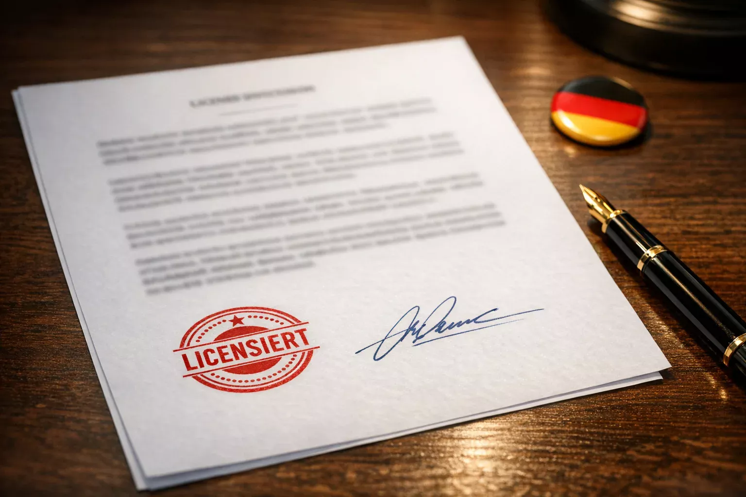Offizielles Dokument mit Stempel auf einem Schreibtisch – symbolisch für die deutsche Sportwetten-Lizenz