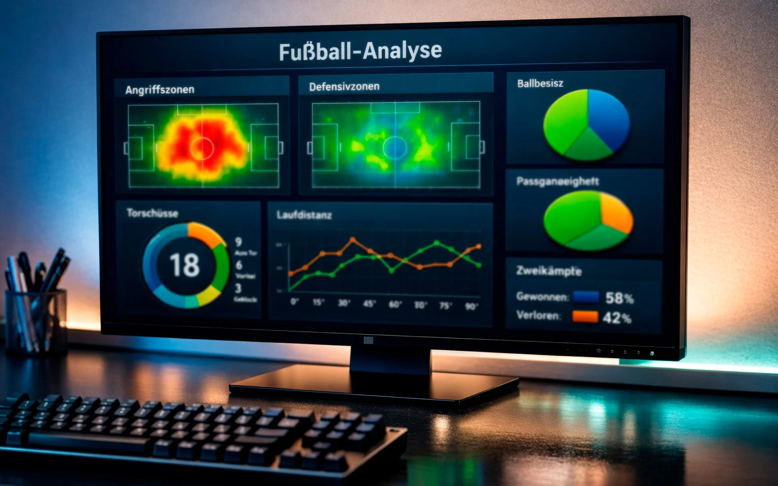 Bildschirm mit Fußballstatistiken und Datenvisualisierung
