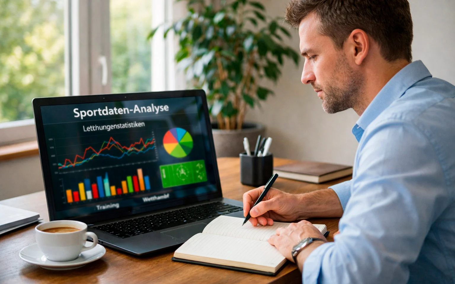 Experte analysiert Sportwetten am Laptop