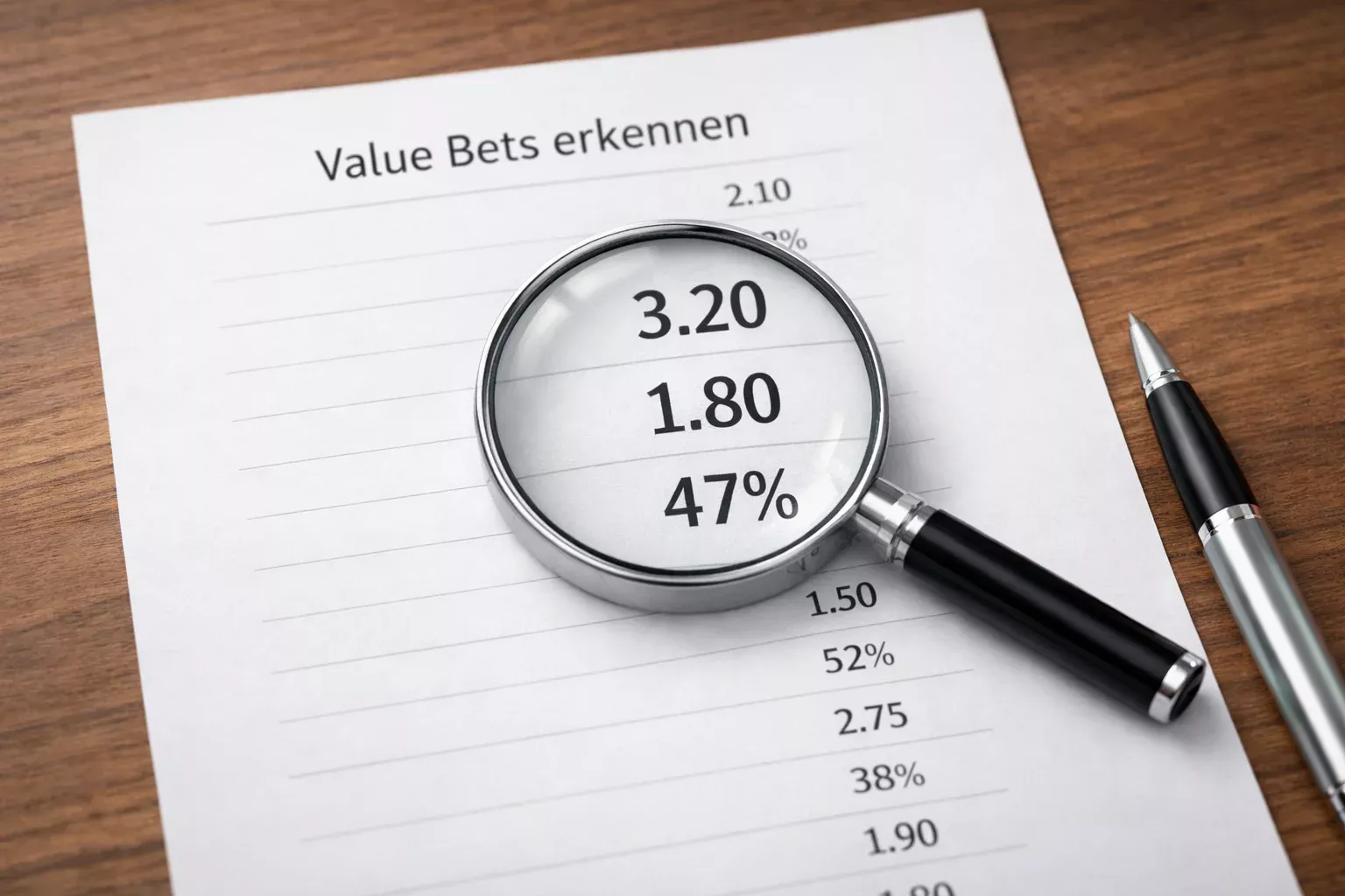 Lupe über einem Dokument mit Zahlen – symbolisch für die Suche nach Value Bets