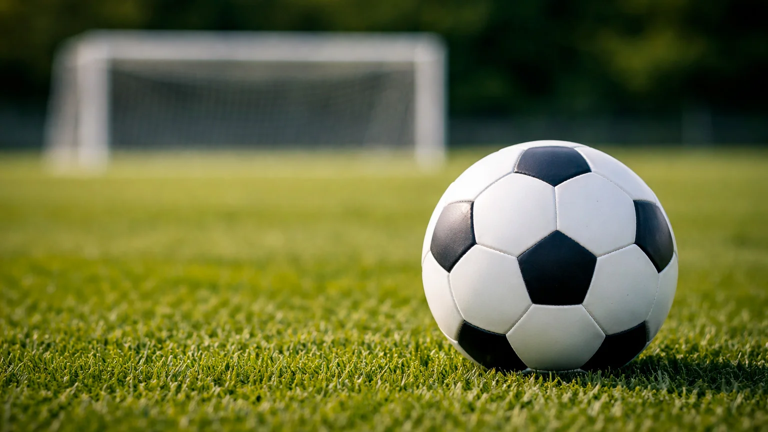 Fußball auf grünem Rasen mit Torpfosten im Hintergrund