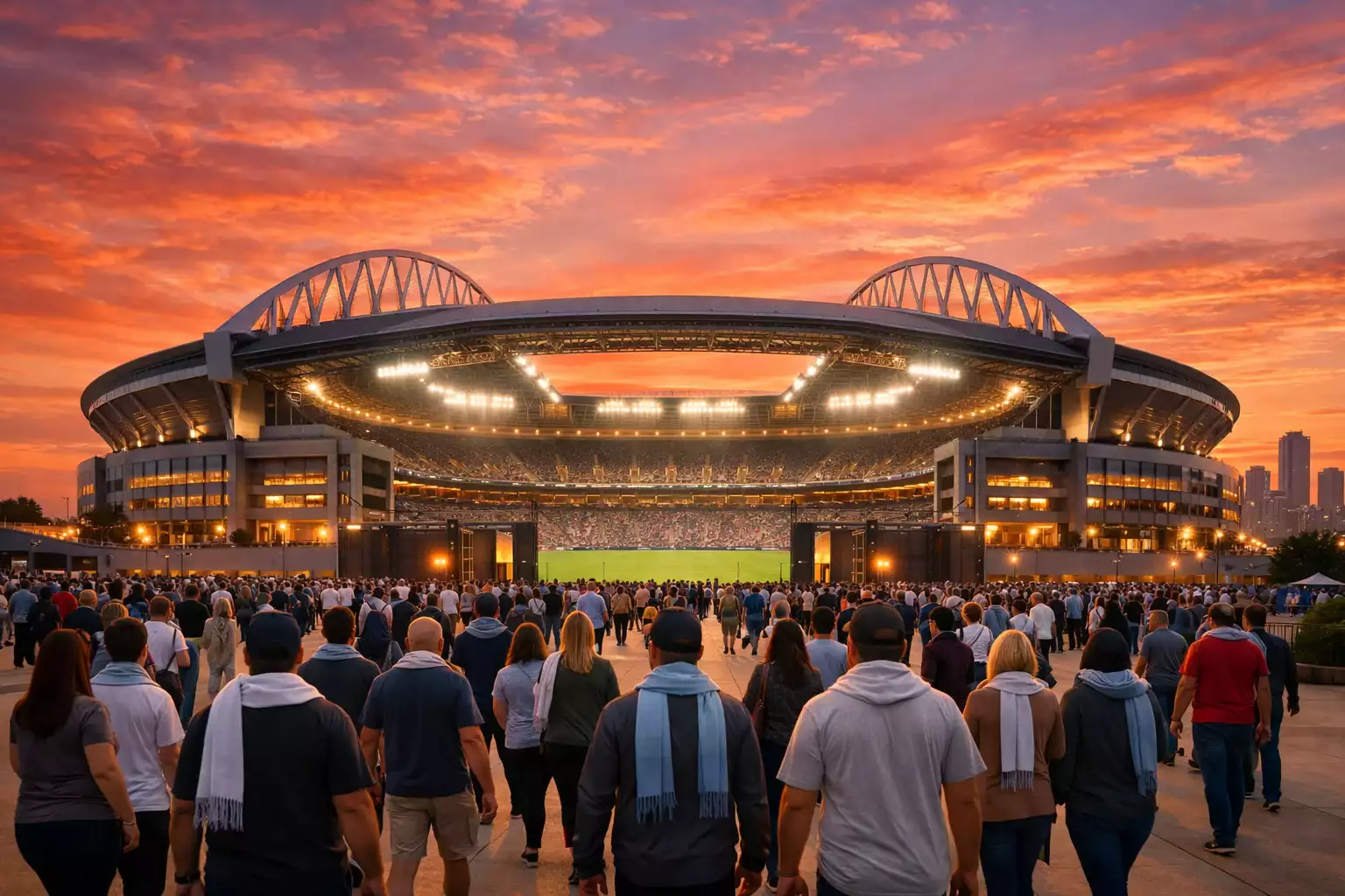 Fußballstadion in Nordamerika bei Sonnenuntergang – symbolisch für die WM 2026