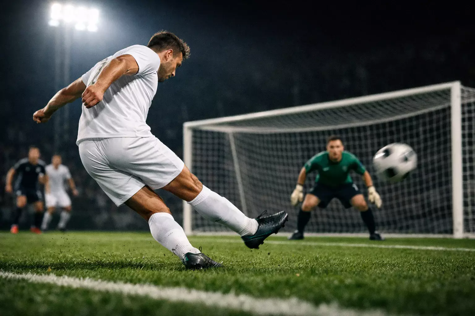 Fußballspieler schießt aufs Tor aus der Nahaufnahme – symbolisch für Expected Goals